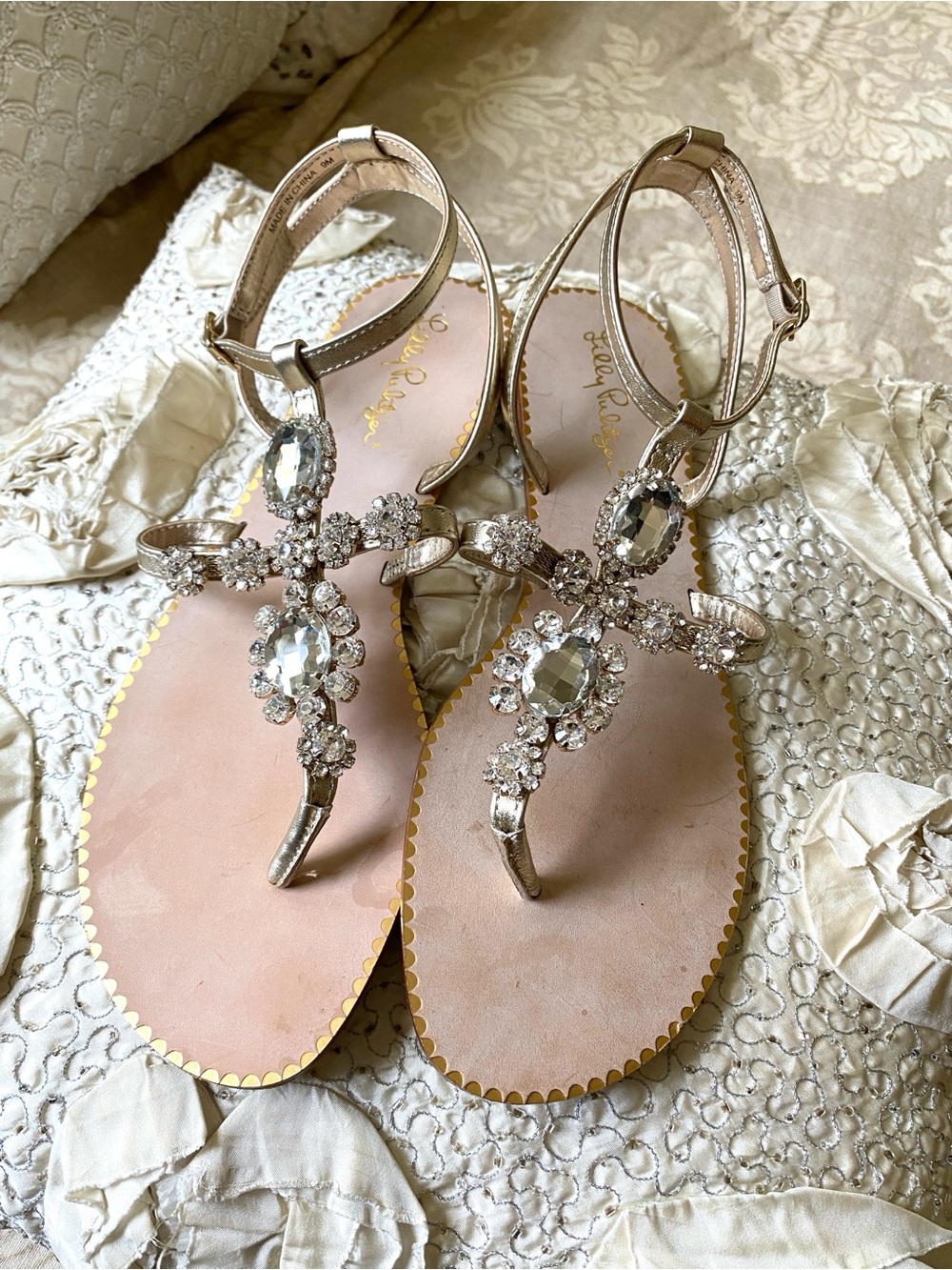 Lilly Pulitzer Katie Embellished Sandals Rhinestone Gold Metallic Sz 9 - Picture 14 of 16